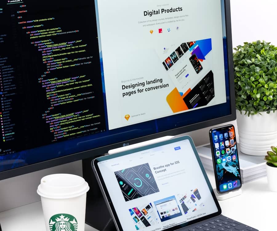 Website design and front-end code on a workstation